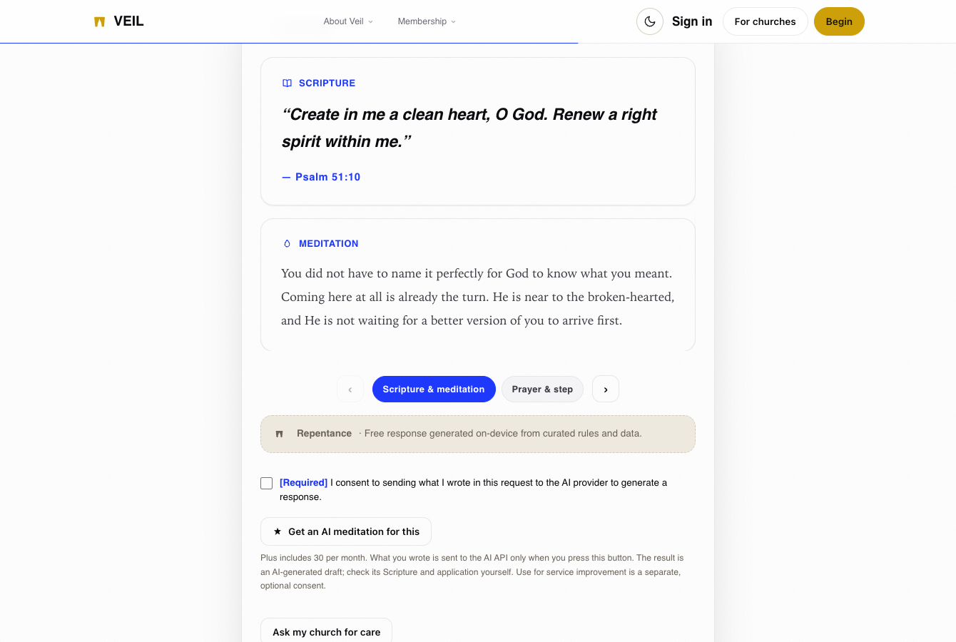 Veil English on-device Scripture response screen